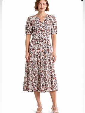 NWT - Melrose and Market Cream Floral Midi Dress with Rust and Green Accents